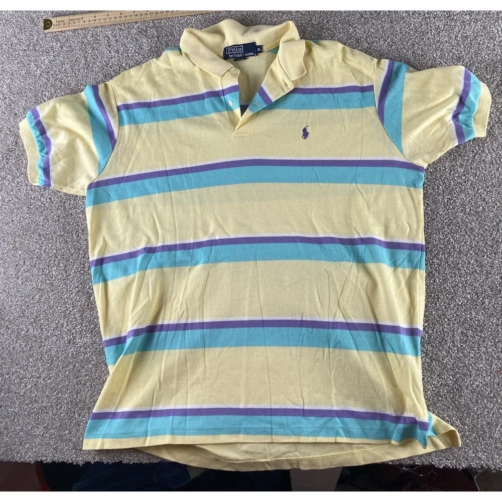 Polo Ralph Lauren Yellow/Purple/Blue Striped Made In USA Polo Mens XL Pony Read